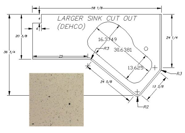 Countertop - Kitchen Top - 58 1/8" x 36 3/4" - w/Sink Cutout - C2 - Bullnose Edge - Double Lip - LG - 3/8" Flannel