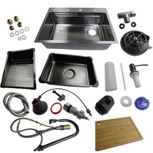 Sink - Kitchen - Top Mount - 26.8" x 18.11" x 8.66" - Rainfall - Black - Includes: PD Faucet/Soap Dish/Cutting Board/Glass Washer/Colander/Task Basket/Strainer - PU RS-2618